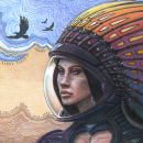 Mayorra - Helmet Headdress  - 12"x18"  Acrylic, Colored Pencil